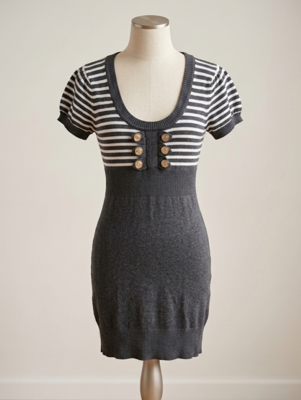 Wow Couture Y2K Striped Knit Mini Dress Gold Button Details - Size M